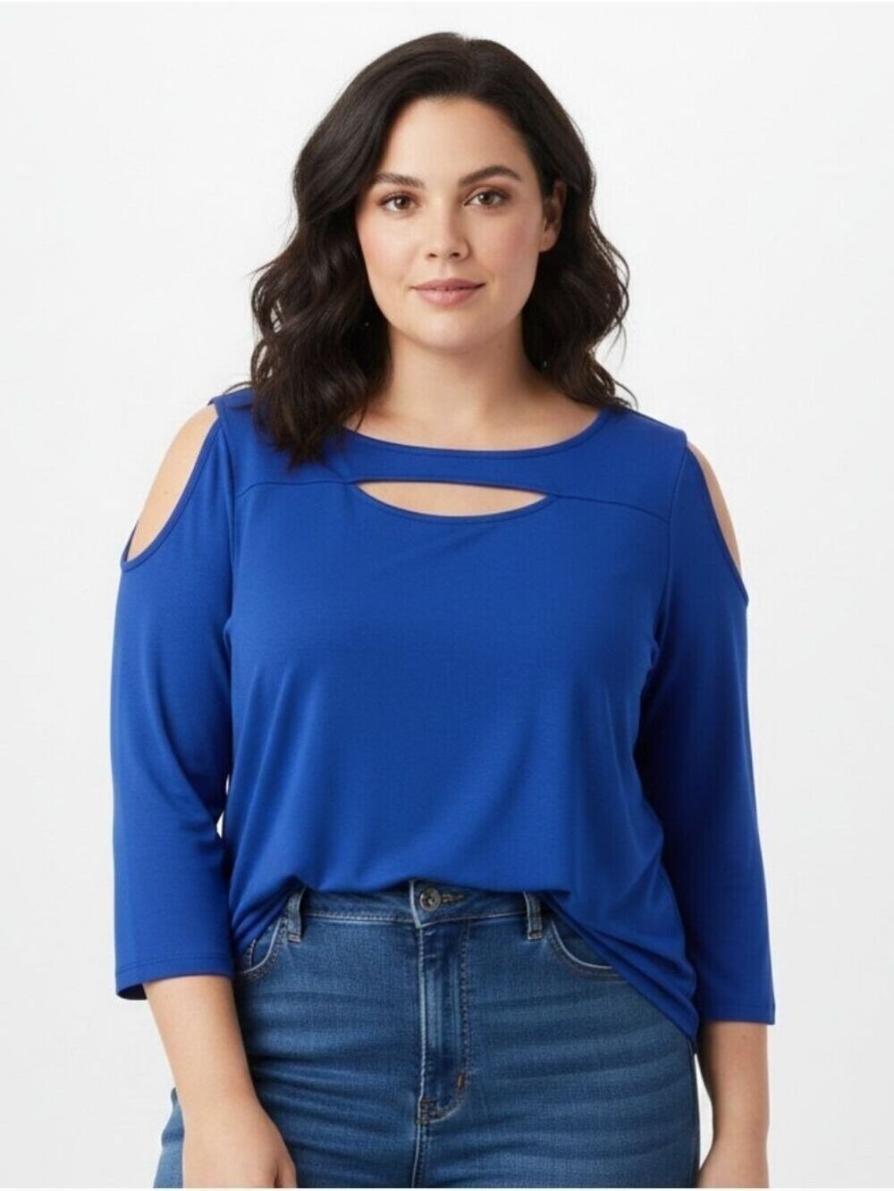 EUC PATCHINGTON ROYAL BLUE COLD SHOULDER TOP CUTOUT KEYHOLE 3/4 SLEEVE SIZE L